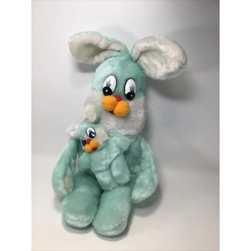 Vintage Mint Blue Bunny with Baby Plastic Eyes Made in Korea Kitschy Easter